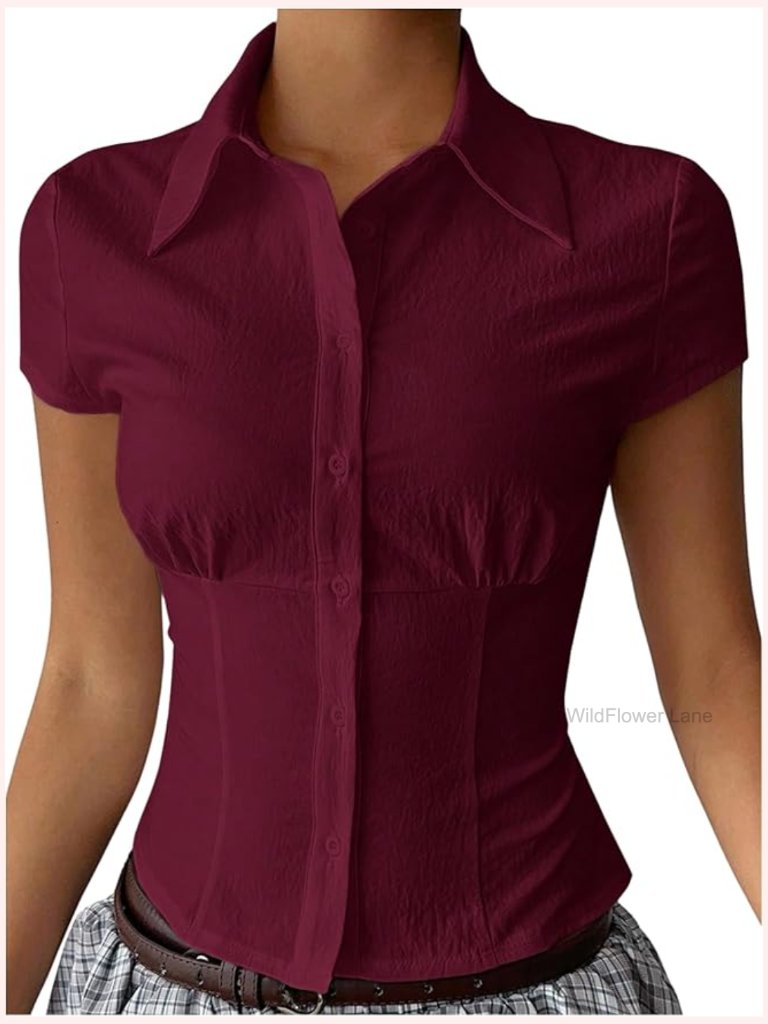 Cap Sleeve Button Down Shirt Blouse Slim Fit Collared Neck Work Tops